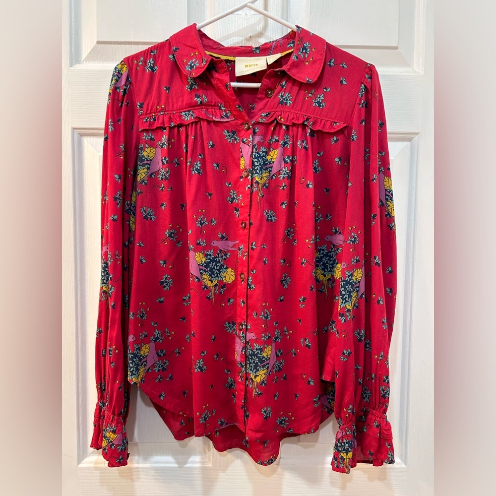 Anthropologie Maeve Fredericka Birds Floral Long Sleeve Ruffled Top Size 6 US